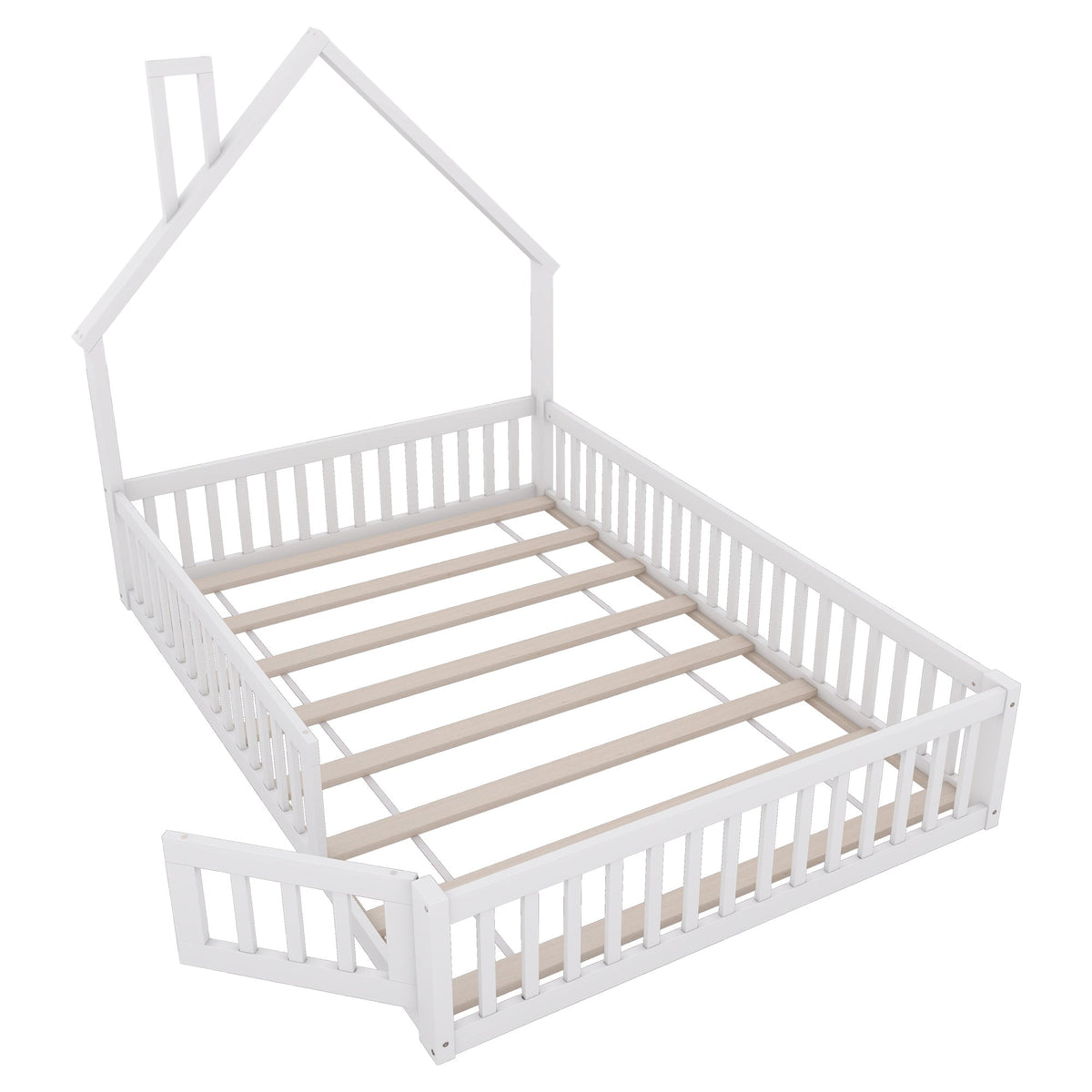 Children's House Bed 140x200cm Chimney Shape Slatted Base Pine Wood White