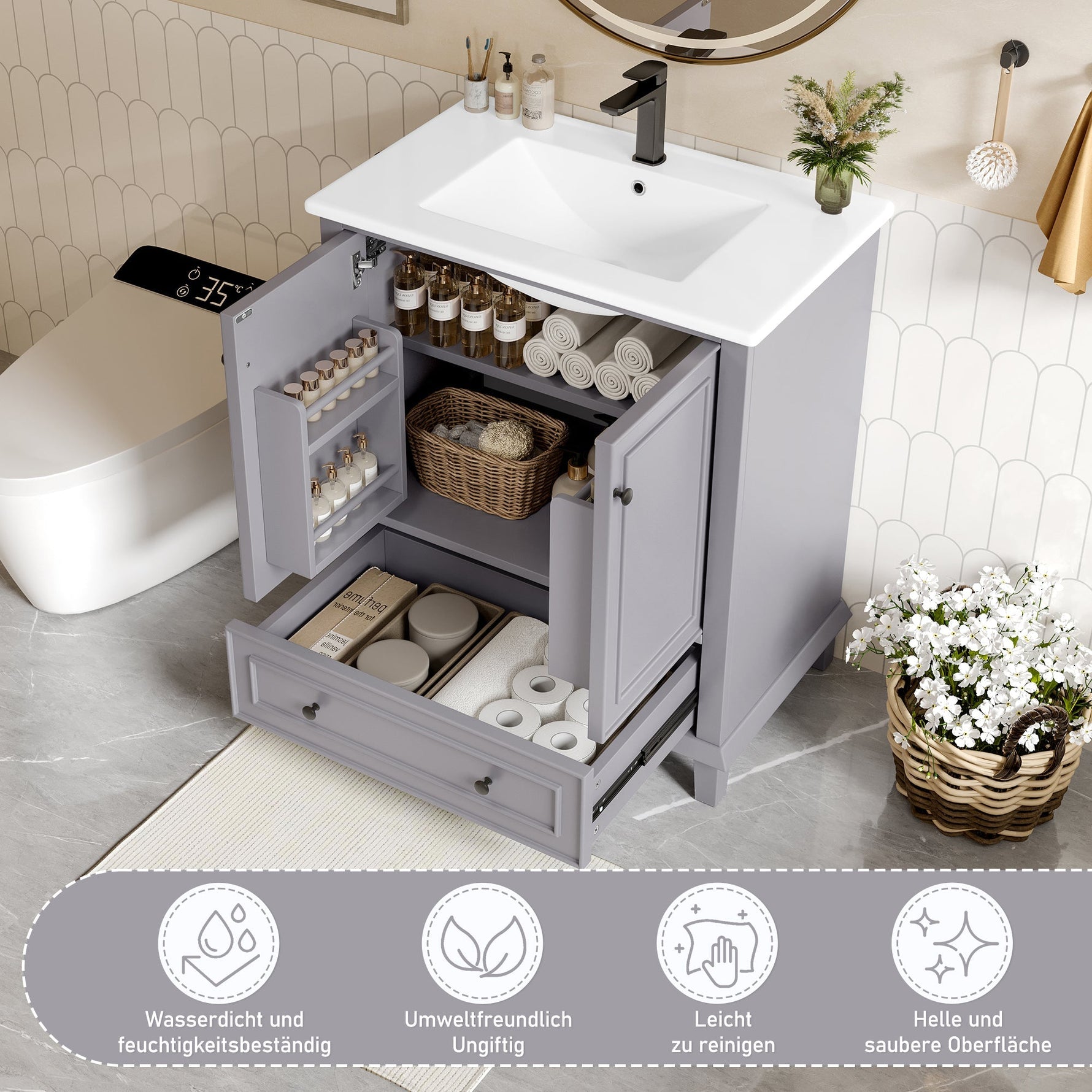 Floor-standing Bathroom Cabinet with Integrated Ceramic Washbasin and Solid Wood Legs, Grey