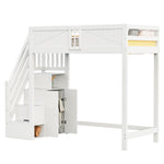 Solid Wood Loft Bed 90x200cm with Safety Door & Ladder, White