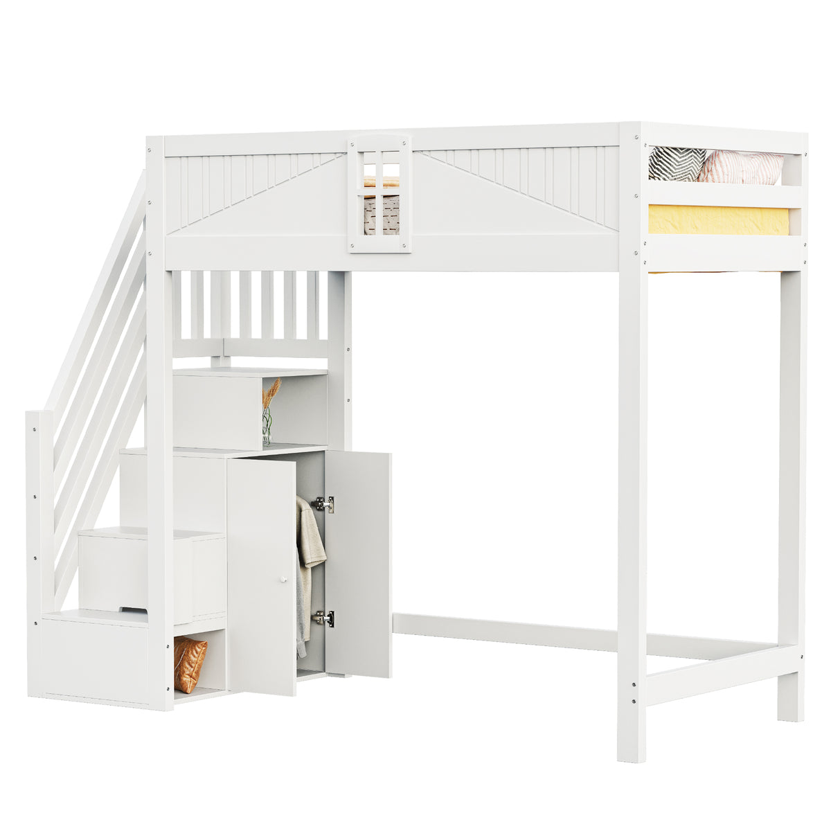 Solid Wood Loft Bed 90x200cm with Safety Door & Ladder, White