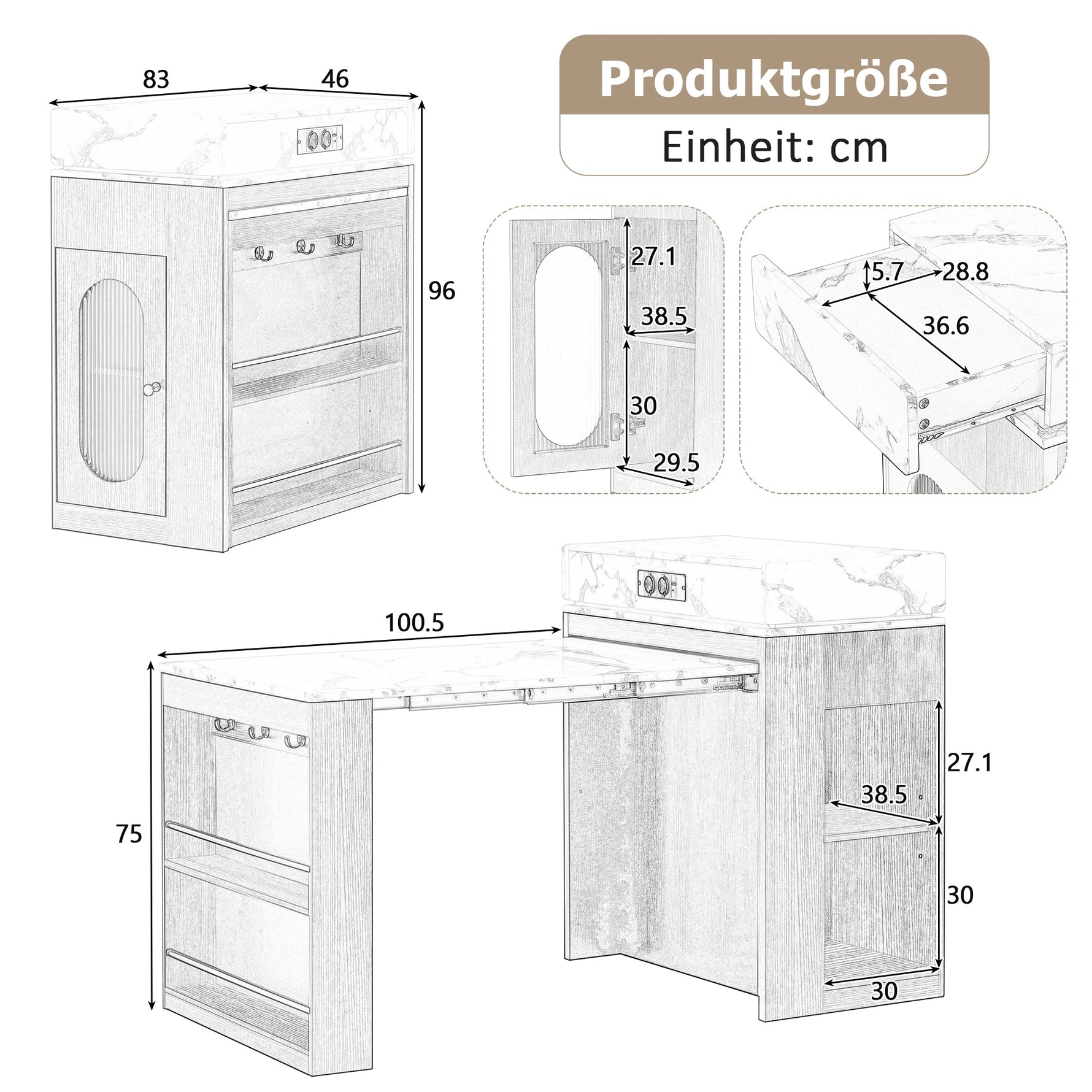 Kitchen Island on Wheels Extendable Dining Table Power Strips & Hooks - Natural