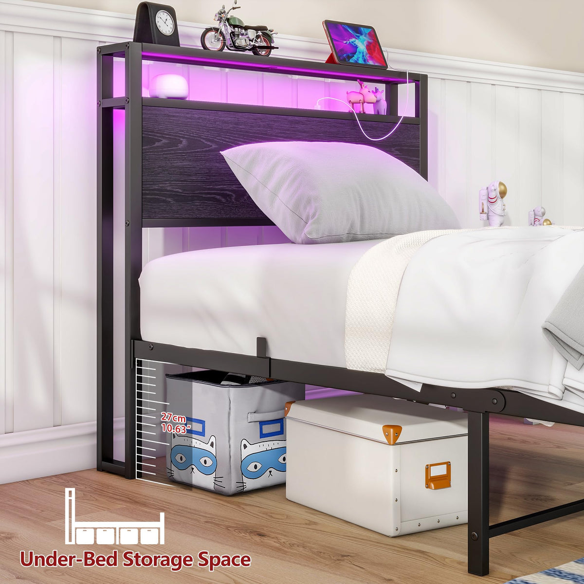 Storage Bed 90x200cm with USB & LED Lighting, Metal Frame