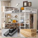 Iron Loft Bed, Double Storage, Wardrobe, White & Natural Iron