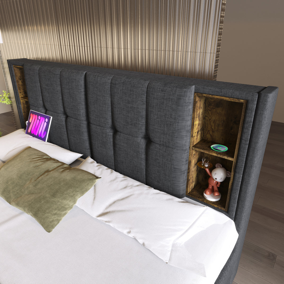 Upholstered Double Bed 160x200cm with 4 Drawers - Grey Linen