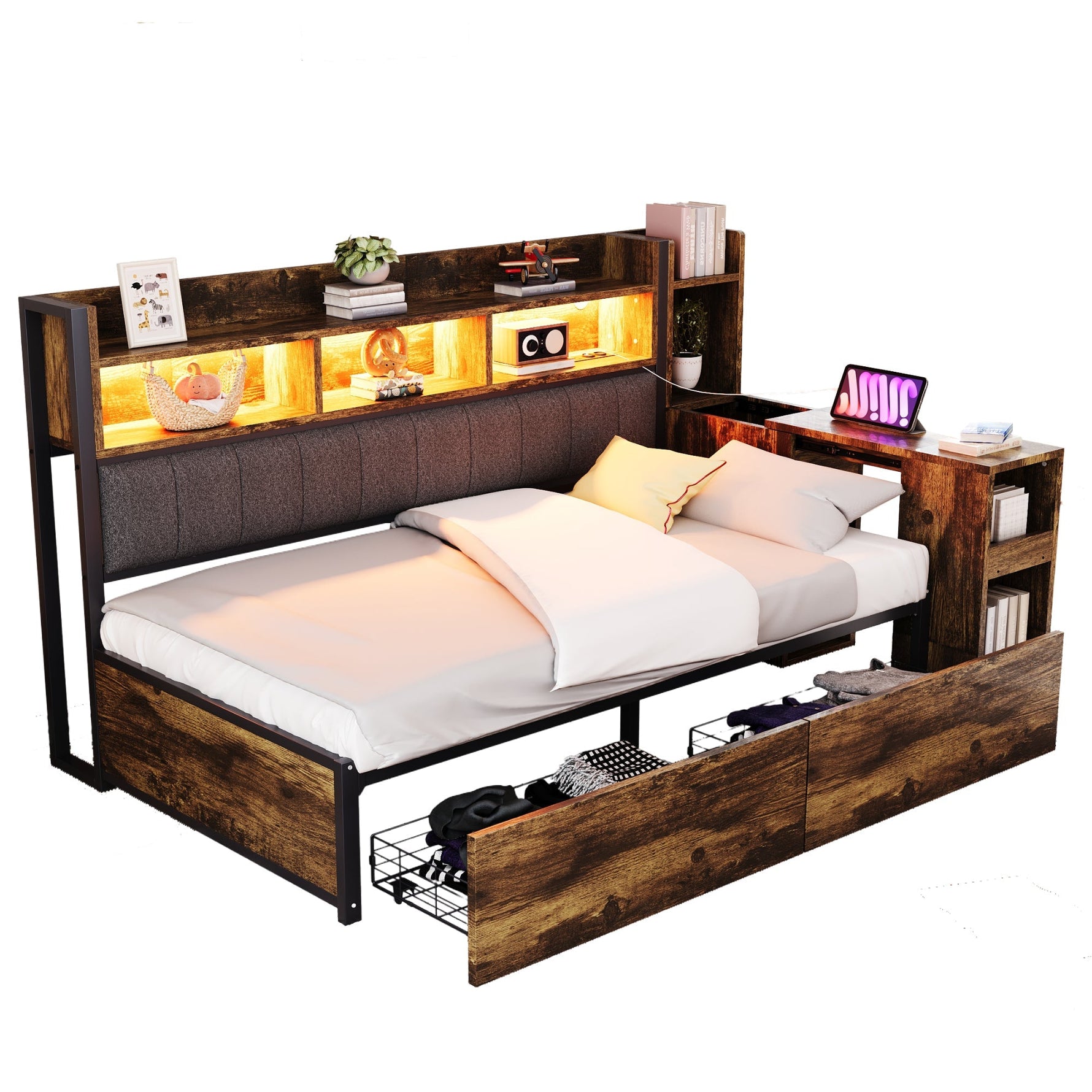 Iron Sofa Bed 90x200cm, Storage, Desk, LED/Sockets - Wood Color