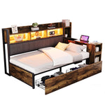 Single Bed with Movable Desk, Storage Drawers and Integrated Outlets, Metal