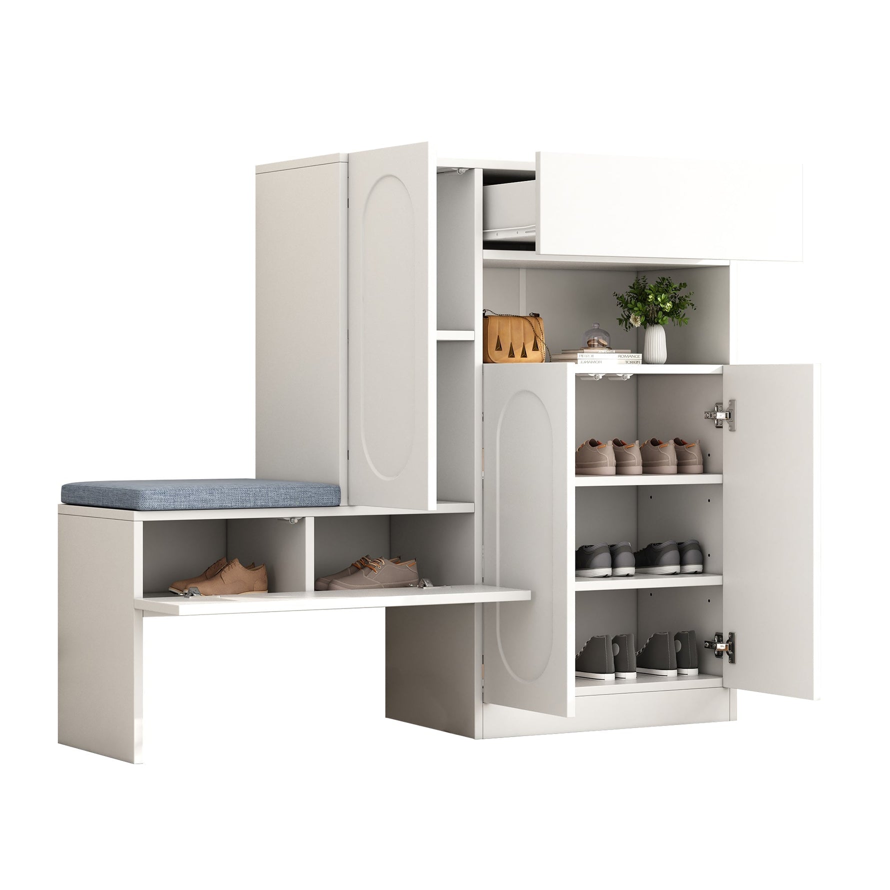 Trendy 2-in-1 Shoe Cabinet with Curved Doors, Soft-Close, Adjustable Compartments, Upholstered Bench, White