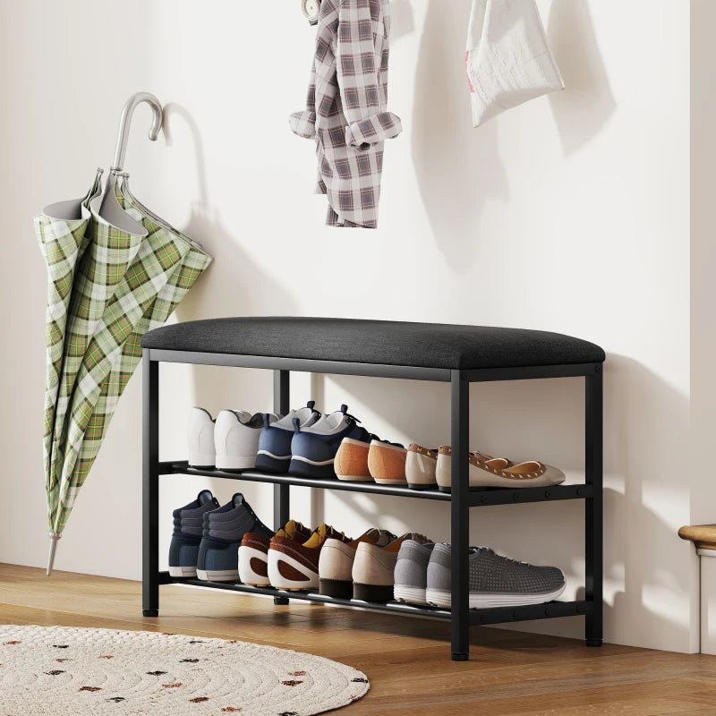 Shoe Bench with Seat, Storage & 2 Open Compartments - Black