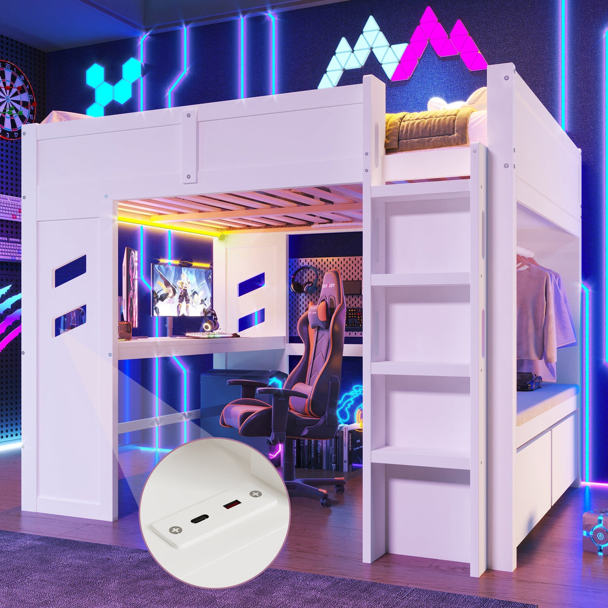 Loft Bed 140x200cm Gaming with Desk, LED Lights, USB/Type-C Ports, White