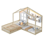 Children's Bed with Window, Shelves and LED Light Strip, Wood Color