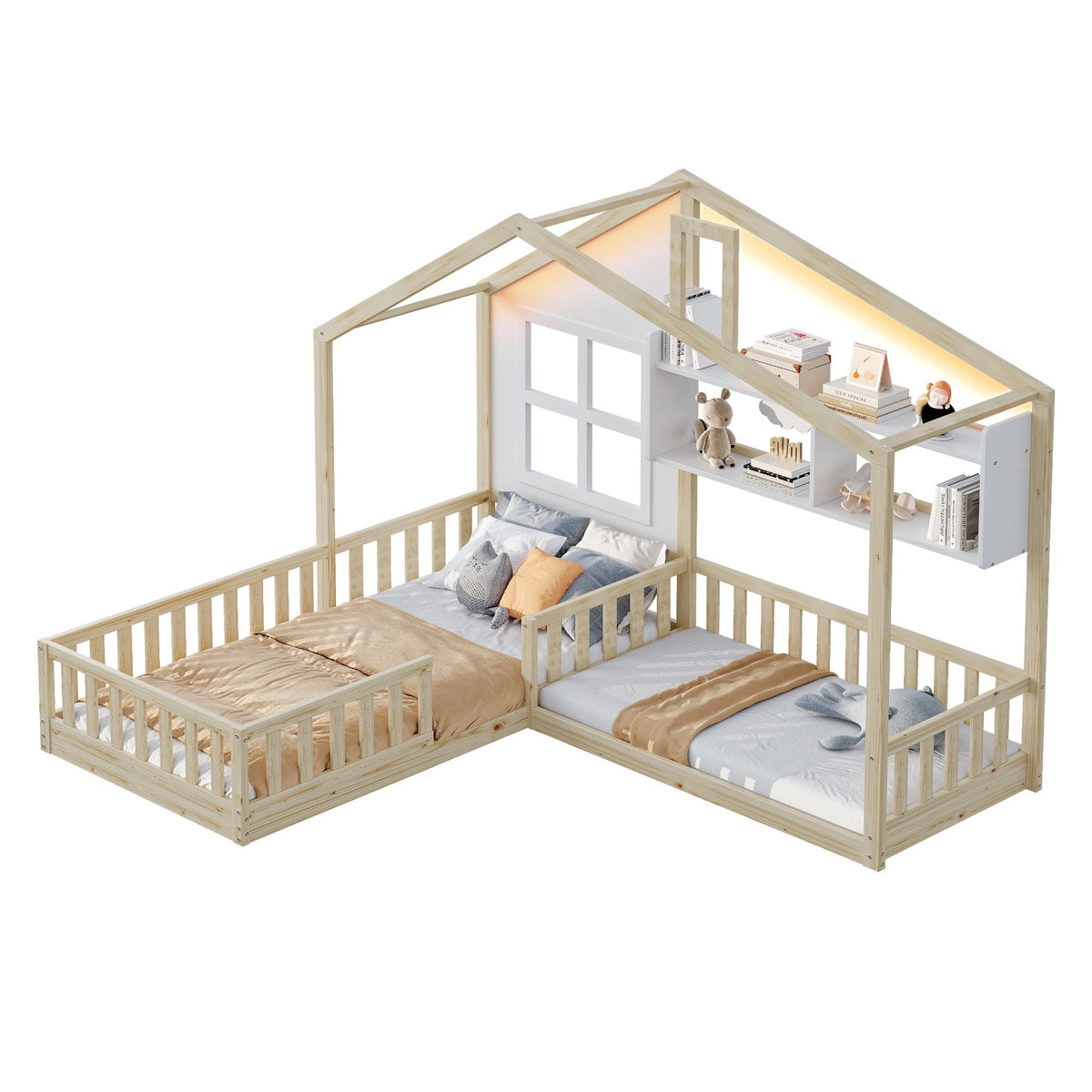 Children's Bed with Window, Shelves and LED Light Strip, Wood Color