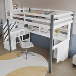 Mid-Height Bed 90x200cm with Desk, Storage & Ladder, White & Grey