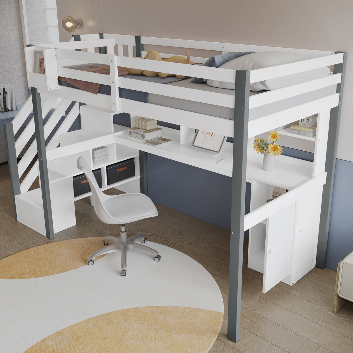 Mid-Height Bed 90x200cm with Desk, Storage & Ladder, White & Grey
