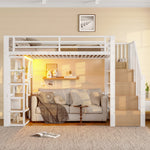 Loft Bed with Storage Steps, LED Lights and Iron Frame, 90 x 200 cm, White
