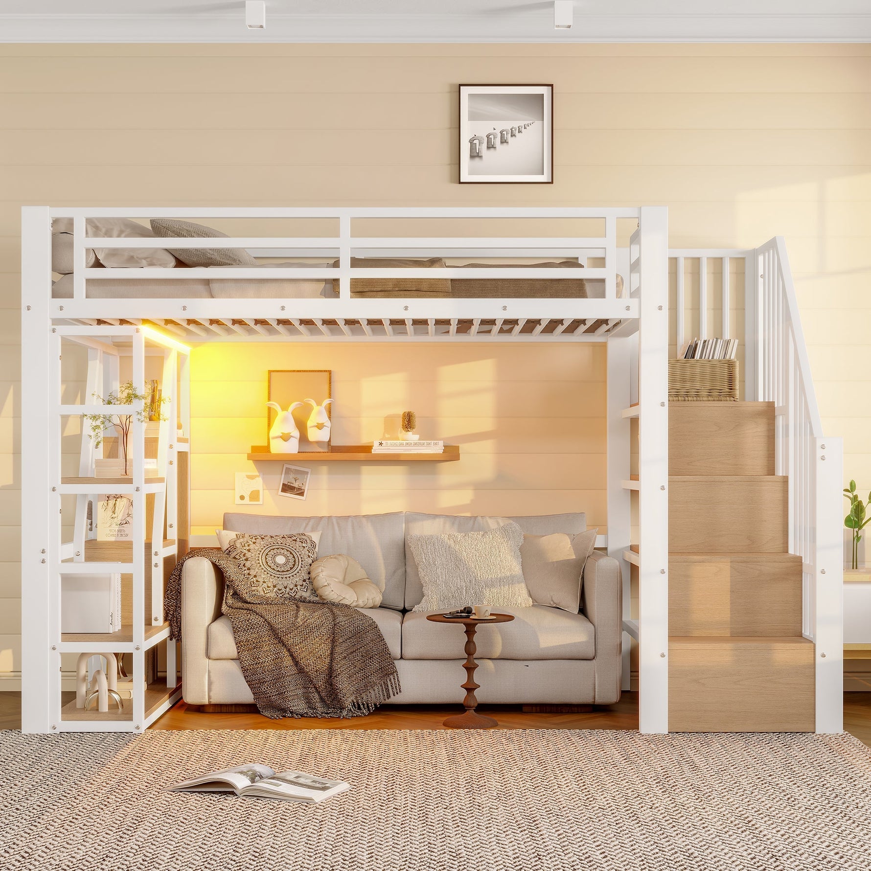 Loft Bed with Storage Steps, LED Lights and Iron Frame, 90 x 200 cm, White