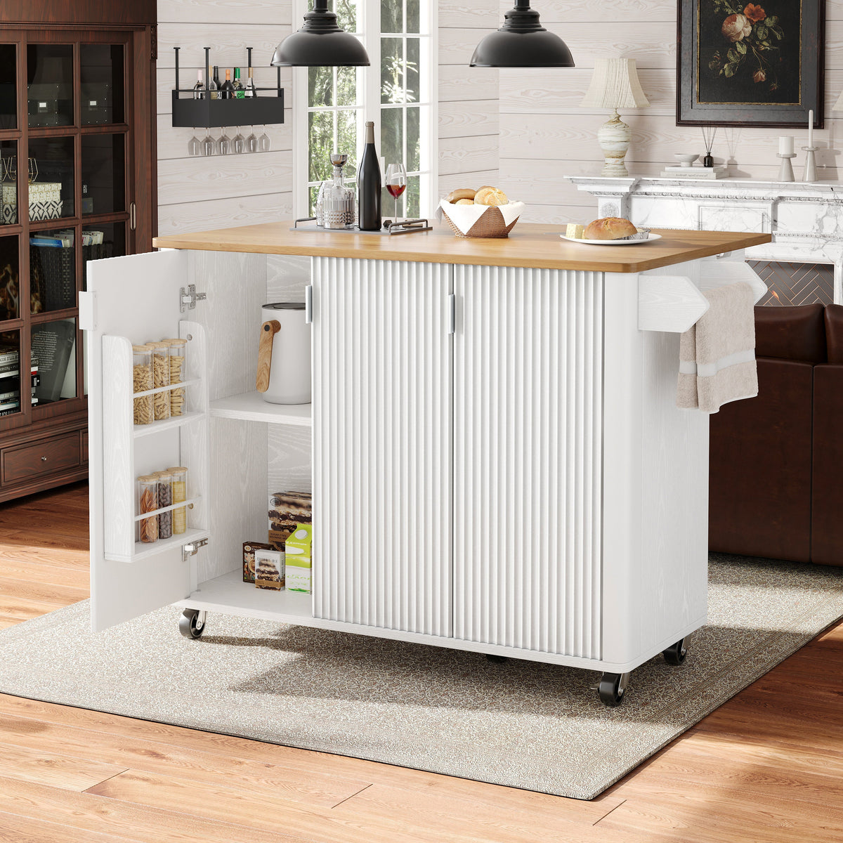 Kitchen Island Trolley Extendable on Wheels Buffet Storage Adjustable Dividers 3 Doors White/Black