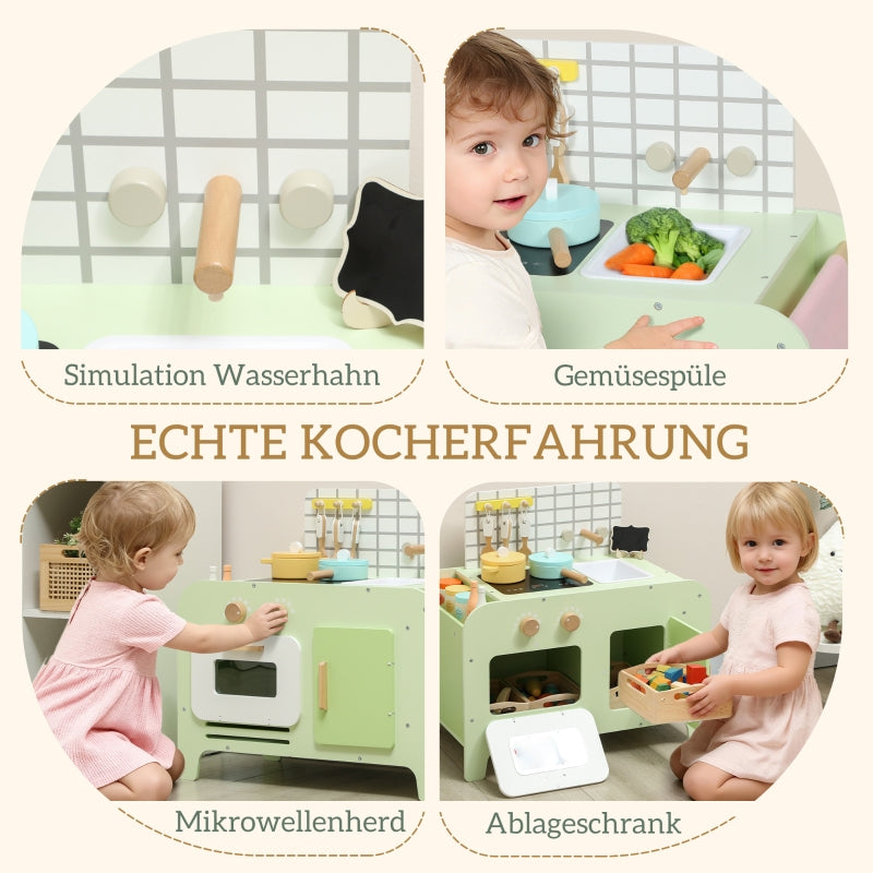 Children's Kitchen Playset with 15 Accessories and Storage Cabinets, Green MDF