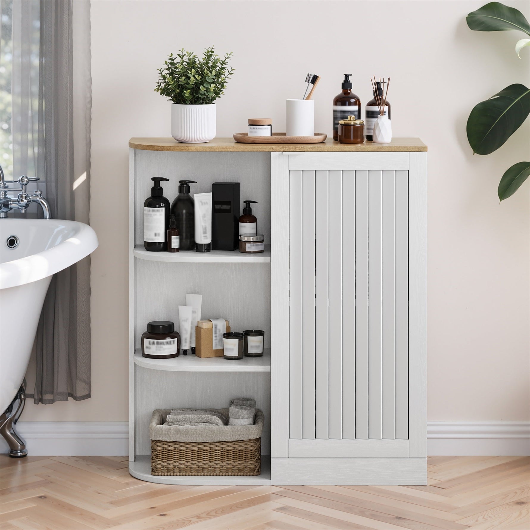 Corner Cabinet with Mesh Doors and Adjustable Shelves, White and Oak