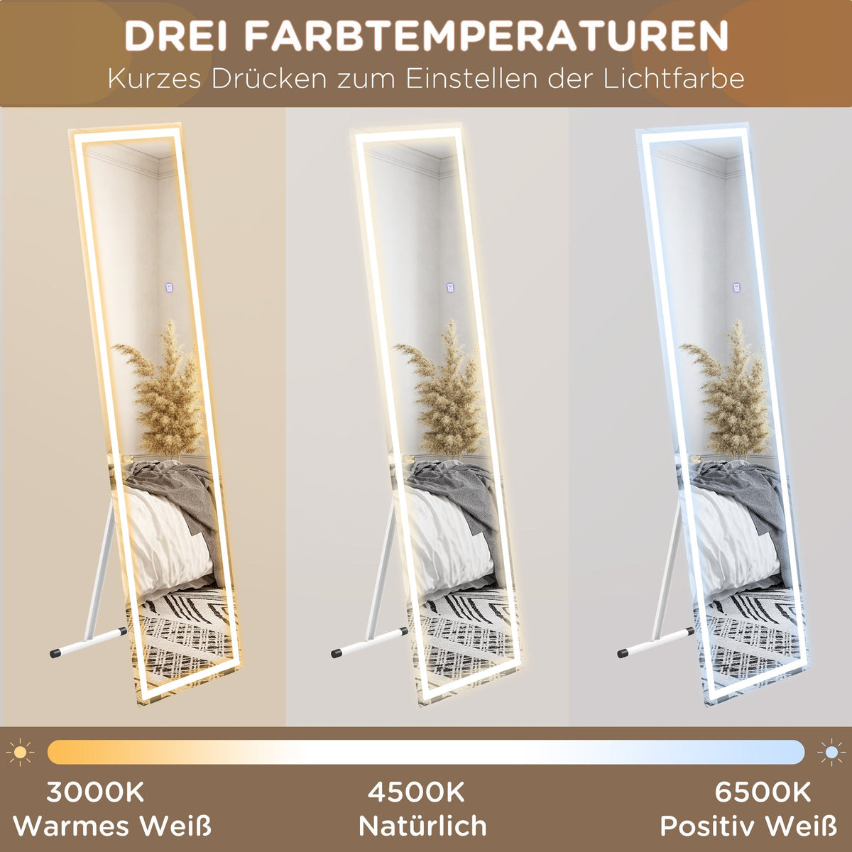 Full Length Mirror, 40x150cm LED Standing Wall, White