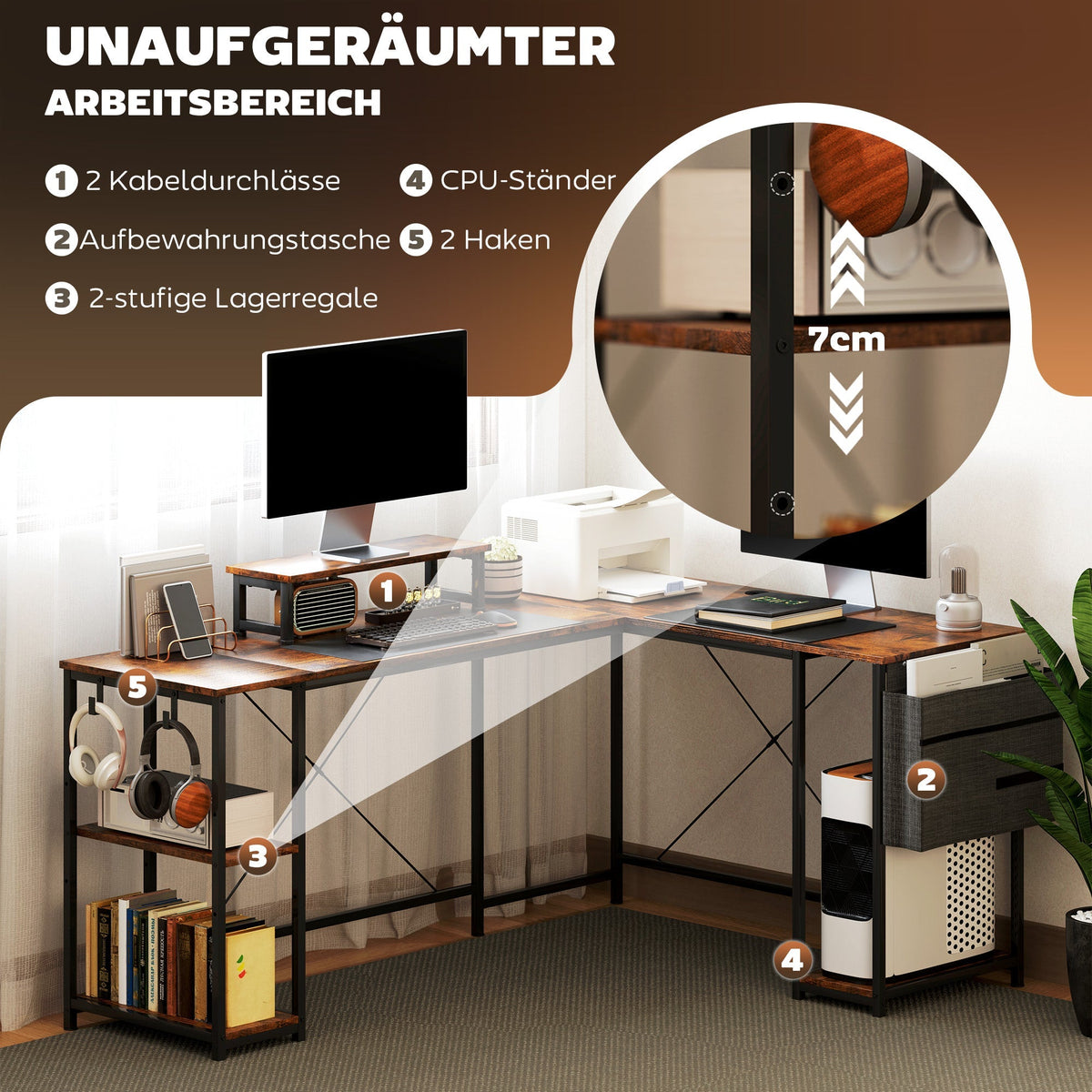 L-Shaped Desk with Corner Storage, Monitor Stand, Reversible - Rustic Brown
