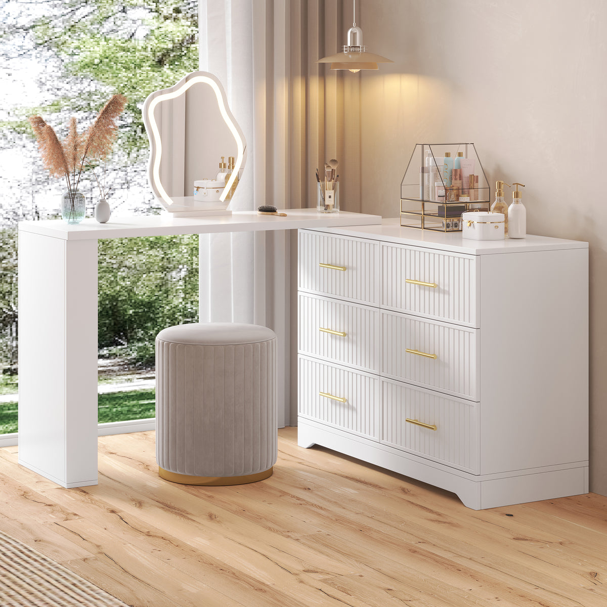 Rotating Dressing Table with LED Lighting, 110x40x129 cm, White