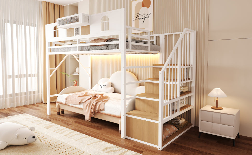 Metal Loft Bed 90x200cm with Storage Ladder & Light Strip, White