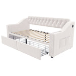 Upholstered Sofa Bed with USB Port, Storage Armrests and Drawer, Beige Velvet