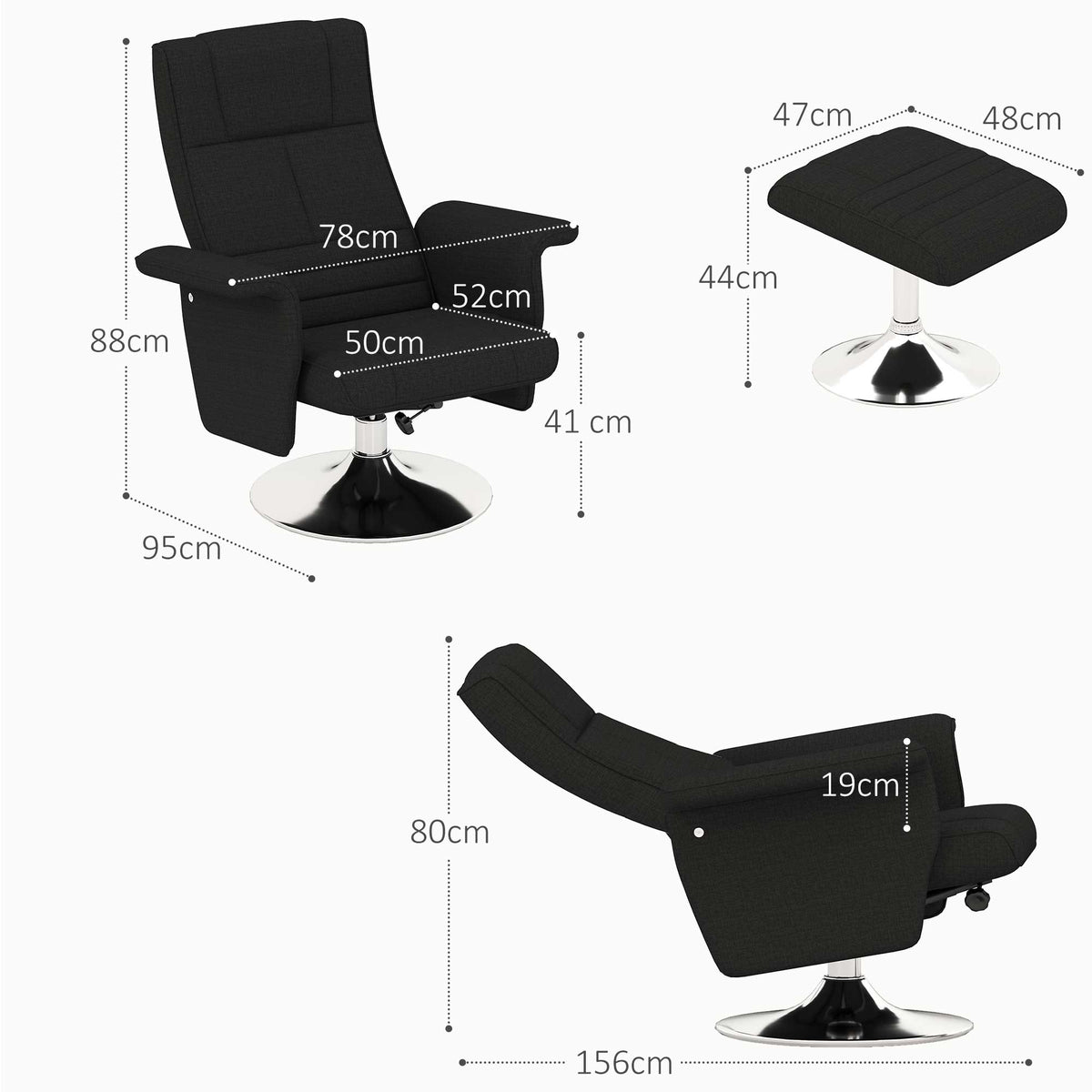 Recliner Chair Swivel Massage 8-Point Vibration Electric with Footstool, Linen Look Steel Black