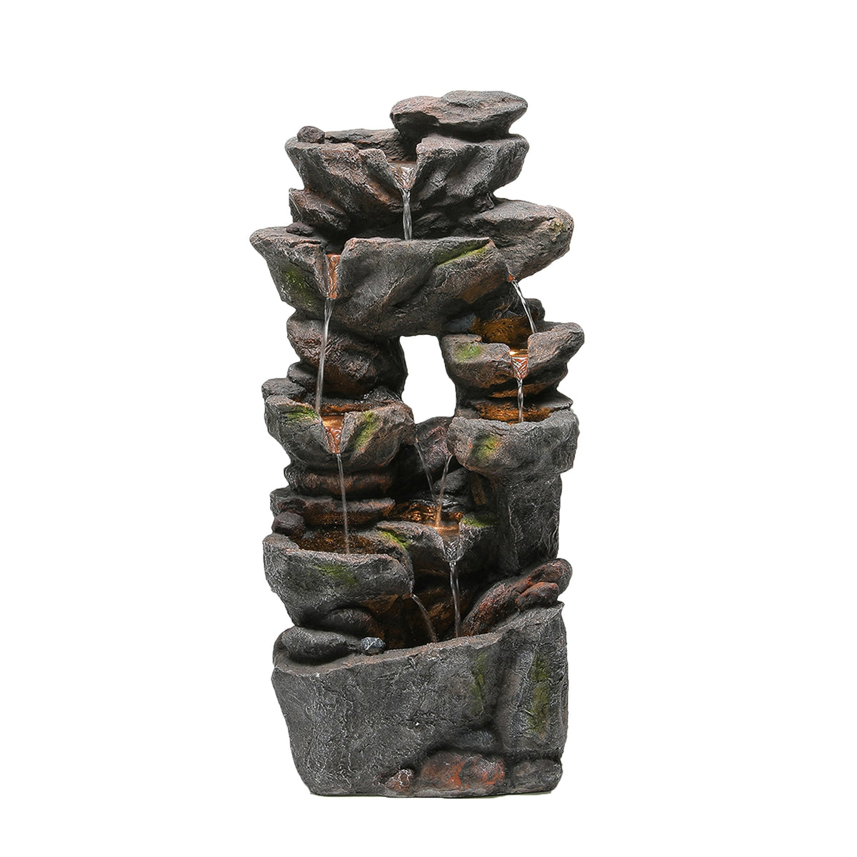 Garden Fountain with LED Lighting, Water Pump and Decorative Basin, Artificial Stone Grey