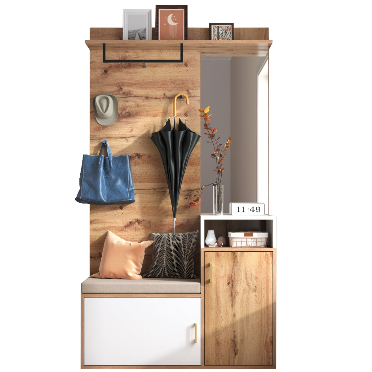 Wardrobe Set with Mirror, Shoe Cabinet, Coat Rack, Bench, Hooks - White and Wood-colored
