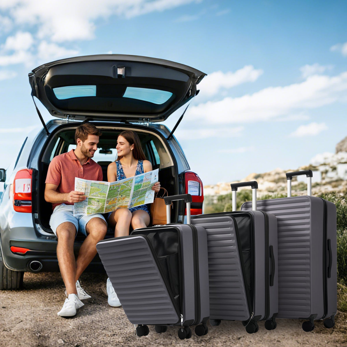 Three-piece Luggage Set - Front-opening, Cup Holders, TSA Lock, 360° Wheels, ABS Material