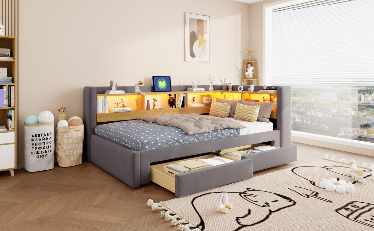 3-in-1 Sofa Daybed 90x200cm Extendable with LED & Drawers
