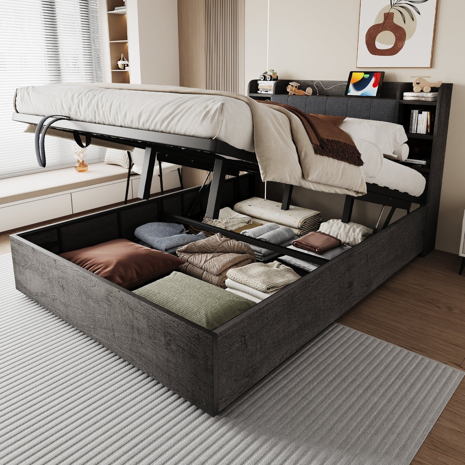 Hydraulic Bed with Storage Headboard and USB Charging, 180x200cm, Grey Wood