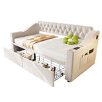 Upholstered Sofa Bed with USB Port, Storage Armrests and Drawer, Beige Velvet
