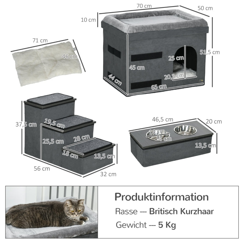 Cat House with 3 Pet Stairs & 2 Food Bowls, Grey