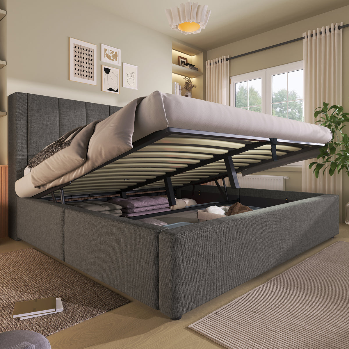 Wooden Double Bed 160x200cm with Storage & LED, Light Oak