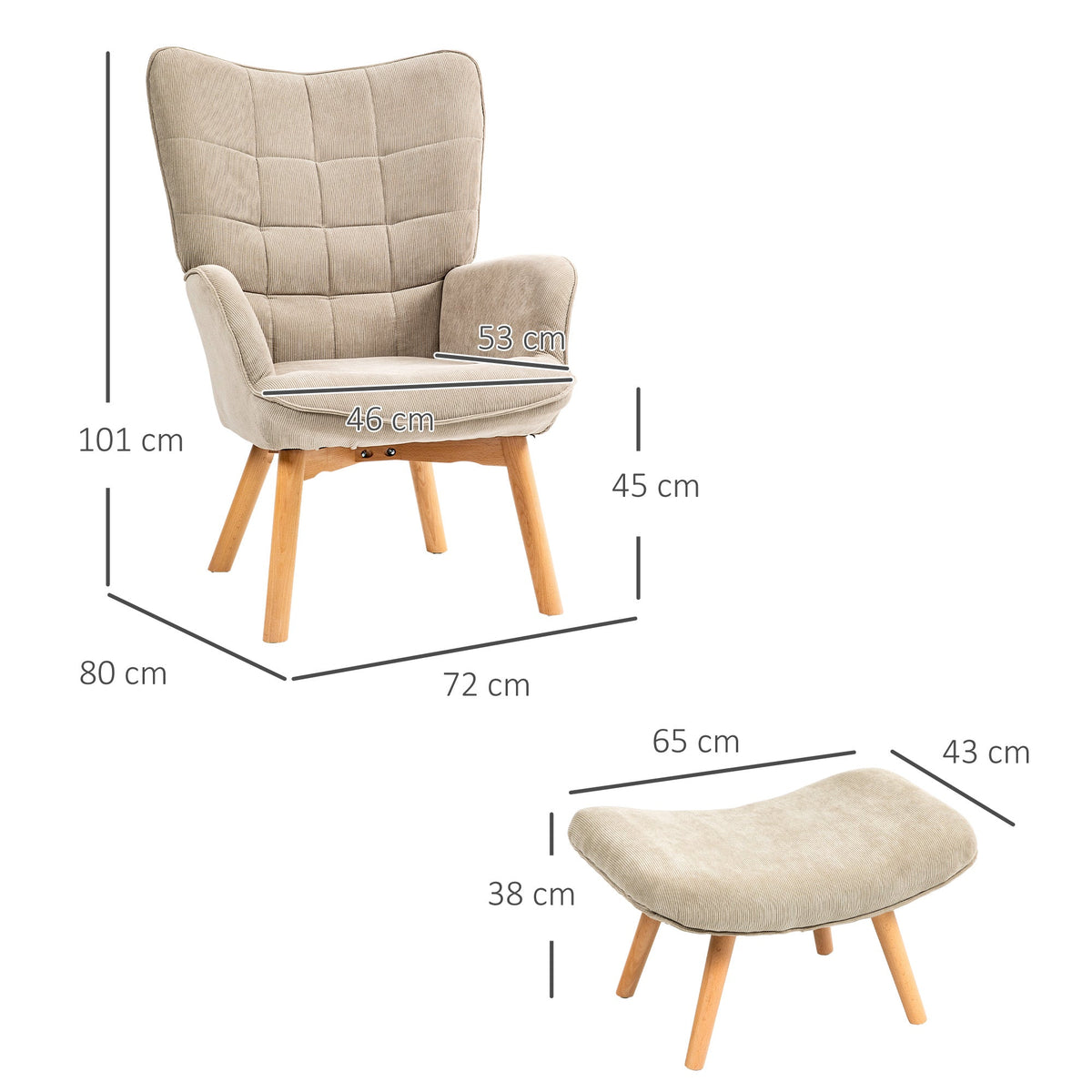 Wingback Chair with Footstool, Upholstered Relaxing Khaki Corduroy
