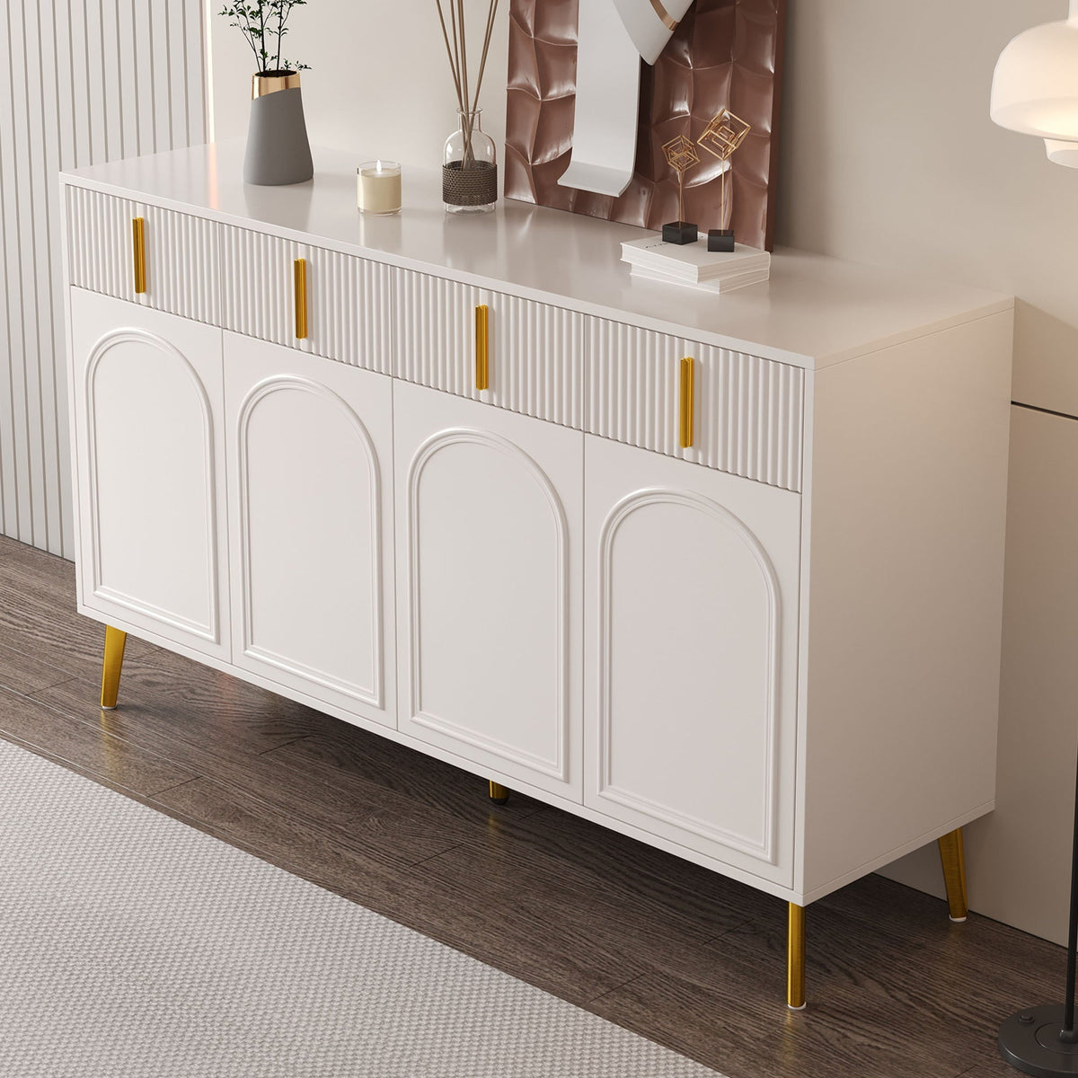 Sideboard, 4 Doors 4 Drawers, Gold Handles Legs, White MDF