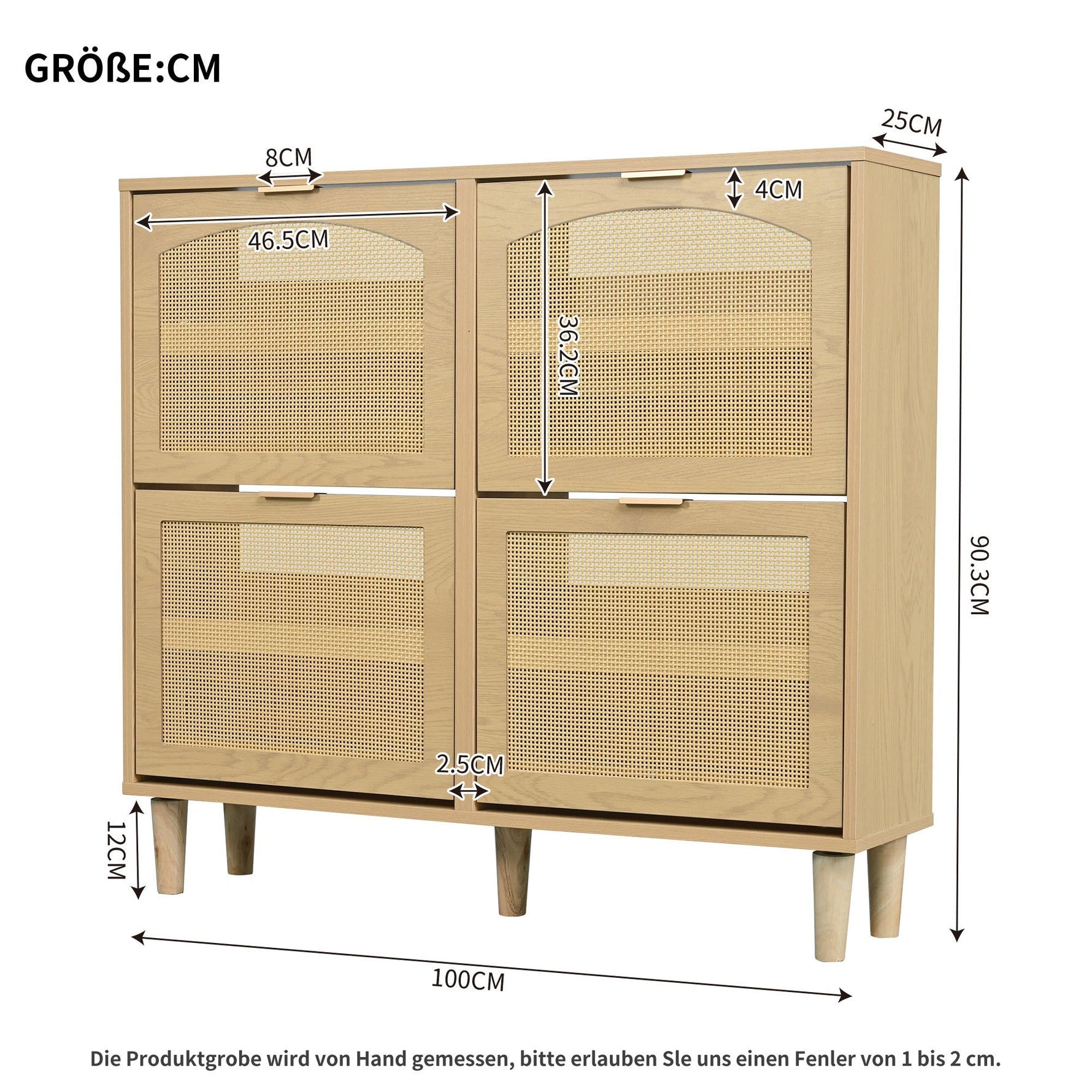 Shoe cabinet with 4 folding drawers, rattan and metal, wooden