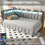 Upholstered Sofa Bed 90x200cm, Pull-Out Bed & LED, Light Grey Velvet