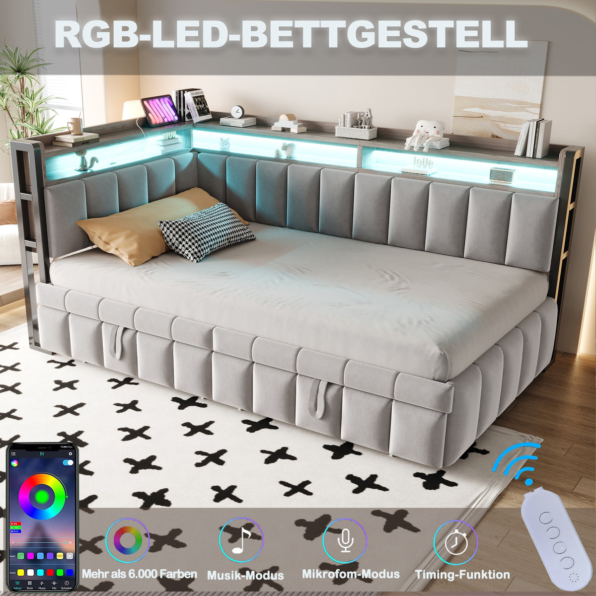 Upholstered Sofa Bed 90x200cm, Pull-Out Bed & LED, Light Grey Velvet