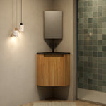 Wall-Mounted Corner Bathroom Vanity Unit with Matte Black Resin Basin, Natural Wood Grain