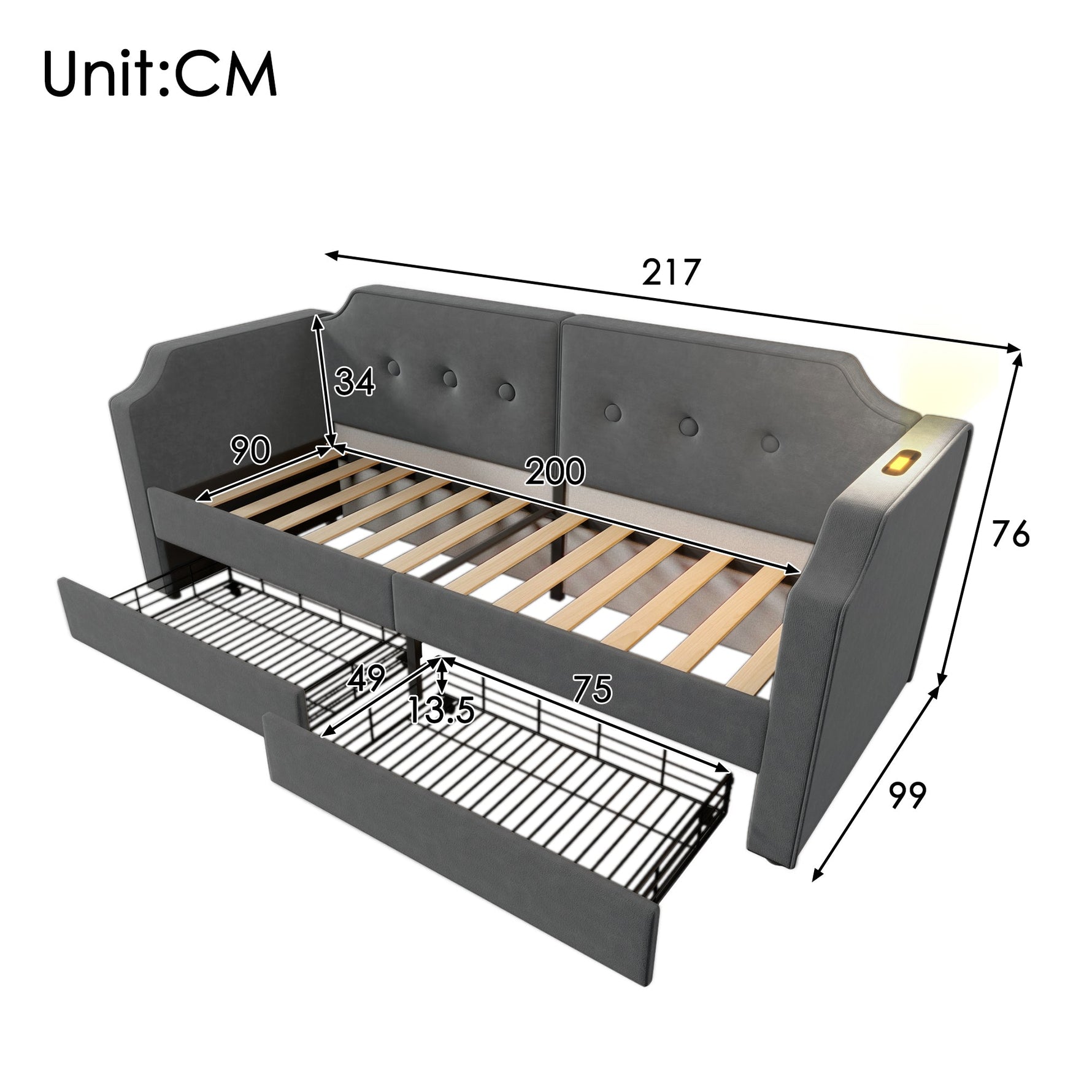 Sofa Bed 90x200 cm, USB-C Reading Light, 2 Storage Drawers, Velvet Gray