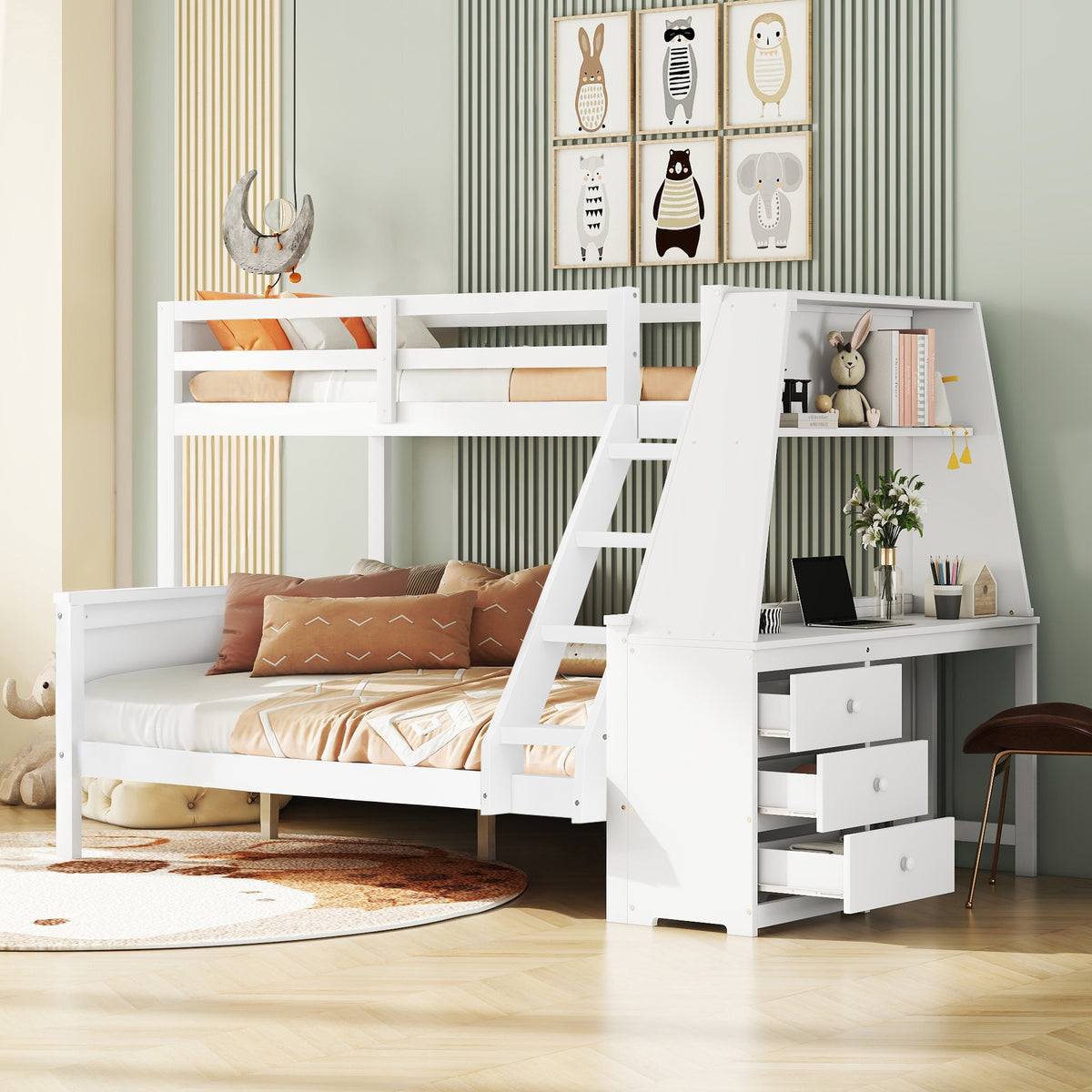 Bunk Bed with Table & Storage, 90x200/140x200 cm, White