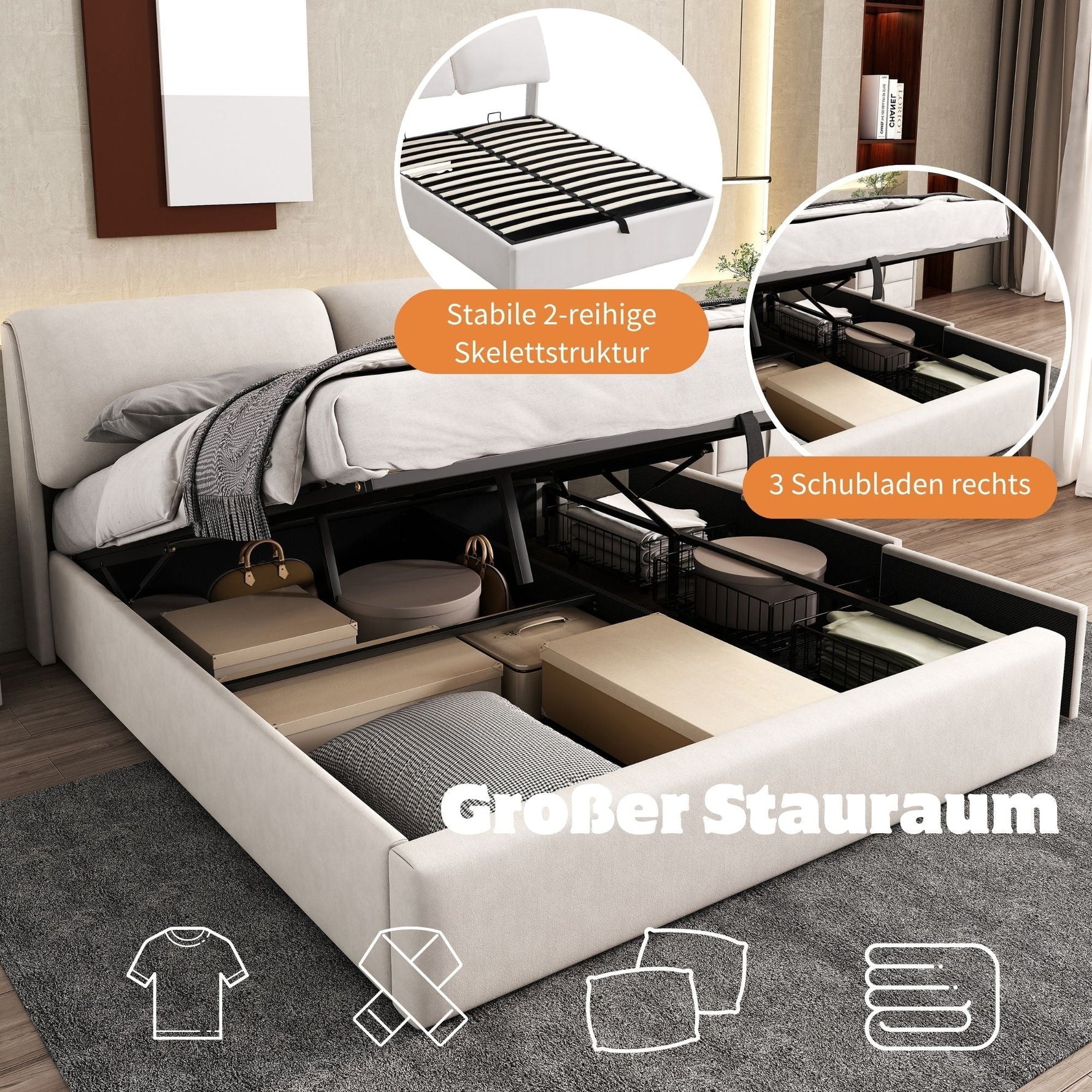 Upholstered Bed 140x190cm Hydraulic Storage 3 Drawers Velvet Beige