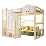 Loft Bed with LED Lights, Window Design and Storage Ladder, White and Natural