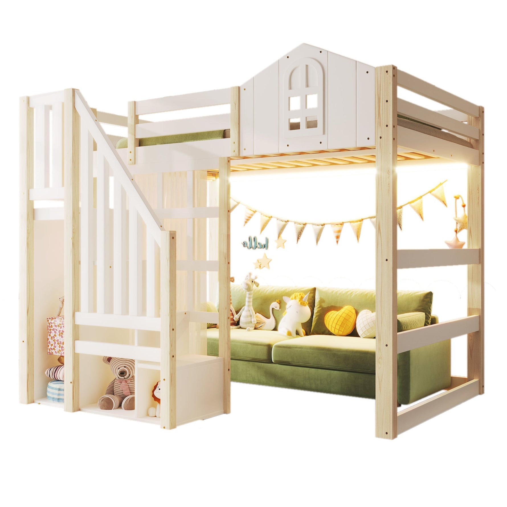 Loft Bed with LED Lights, Window Design and Storage Ladder, White and Natural