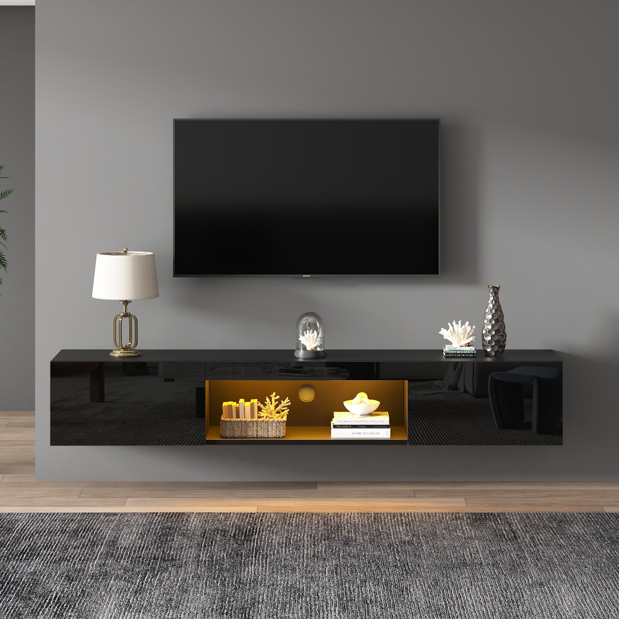 Wall-Mounted TV Stand with LED Lighting and High Gloss Finish for 70-Inch TVs, Black