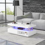 Coffee Table 95x50x42.5 cm with 4 Glass Tops, 2 Drawers, 2 Open Compartments, White High-Gloss