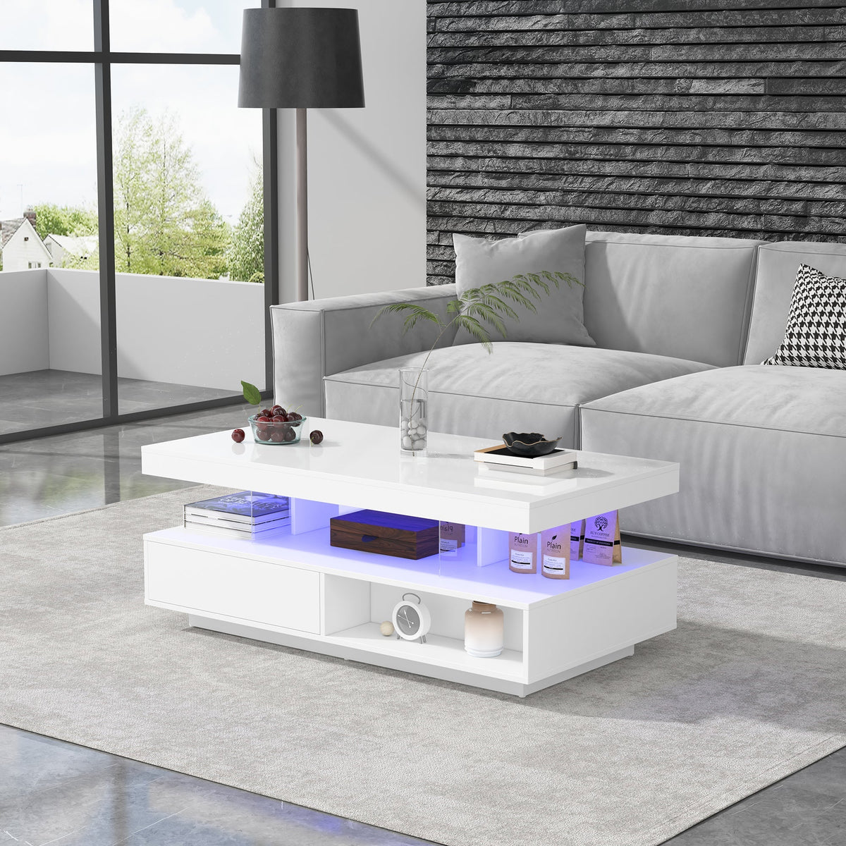 Coffee Table 95x50x42.5 cm with 4 Glass Tops, 2 Drawers, 2 Open Compartments, White High-Gloss